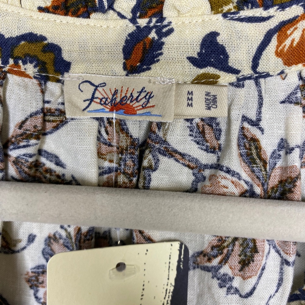 Faherty Portia Top Indee Floral Ruffle V-Neck Blouse WTF2316 Cream Brown Blue M - Picture 3 of 13